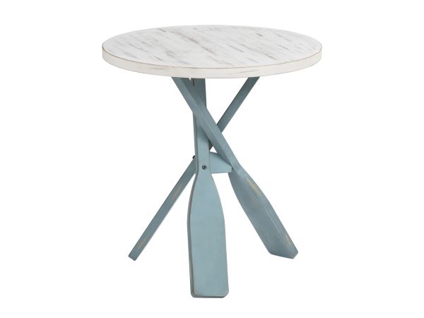 Crestview Round Solid Wood Accent End Table Distressed White Top With Legsed In A Light Aqua