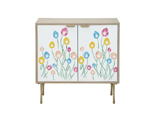 Crestview 2 Door Tan Wood Grain Accent Cabinet With Painted Floral Doors And Metal Legs