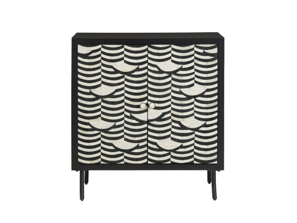 Crestview 2 Door Accent Cabinet Smooth Black Frame With Black Metal Legs And Black/Creamy Ivory Bone Inlay On Doors